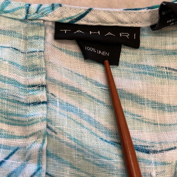 TAHARI | Linen Tropical Flutter Sleeve Shift‎ Dress | Blue & White | Small - Picture 9 of 13